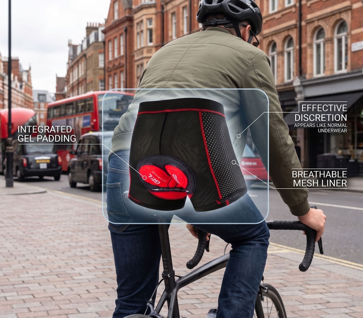 Commuter cycling in London in jeans and a jacket, with an X-ray view showing Cushy Rider padded undershorts with the gel pad underneath