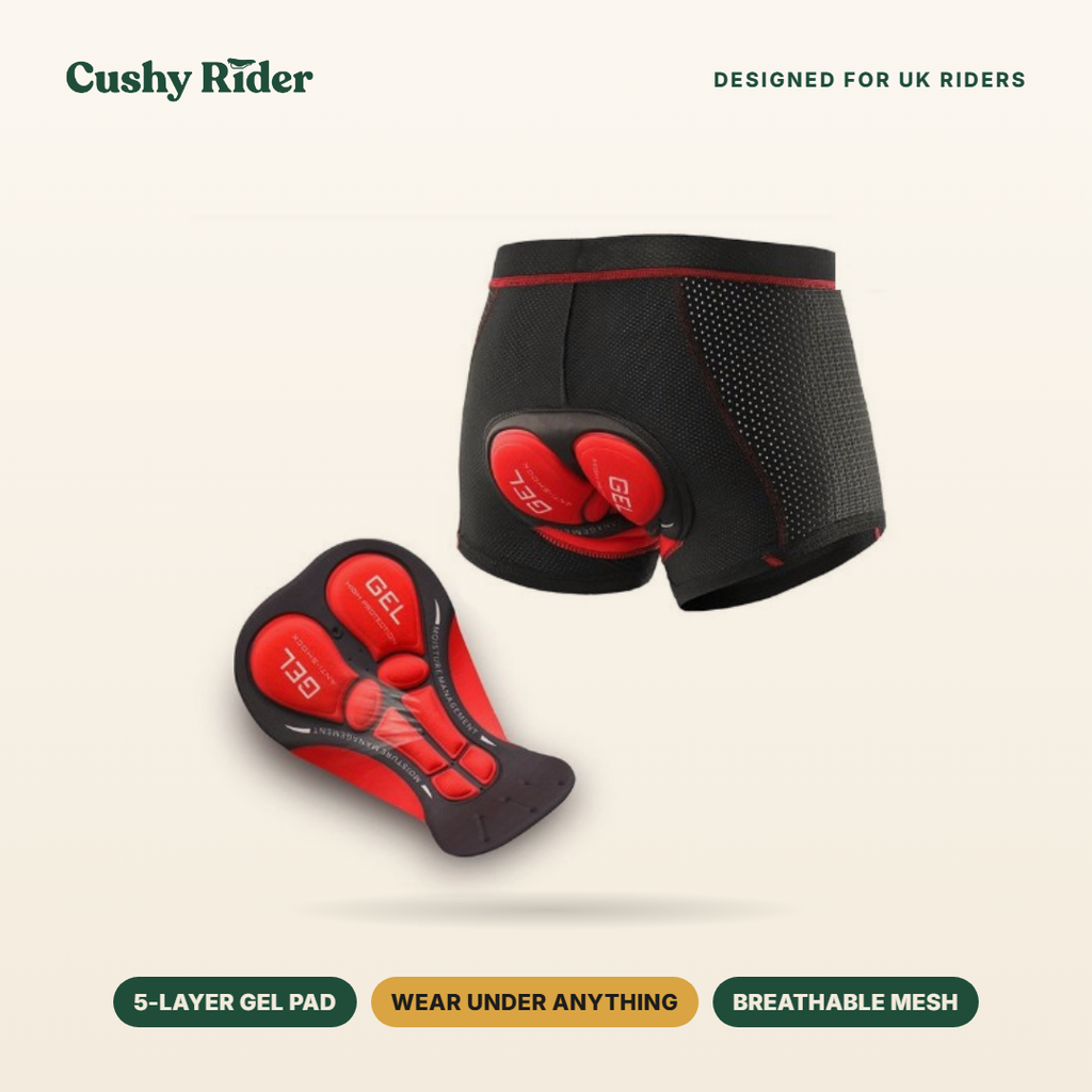 Cushy Rider padded undershorts with 5-layer gel pad, breathable mesh