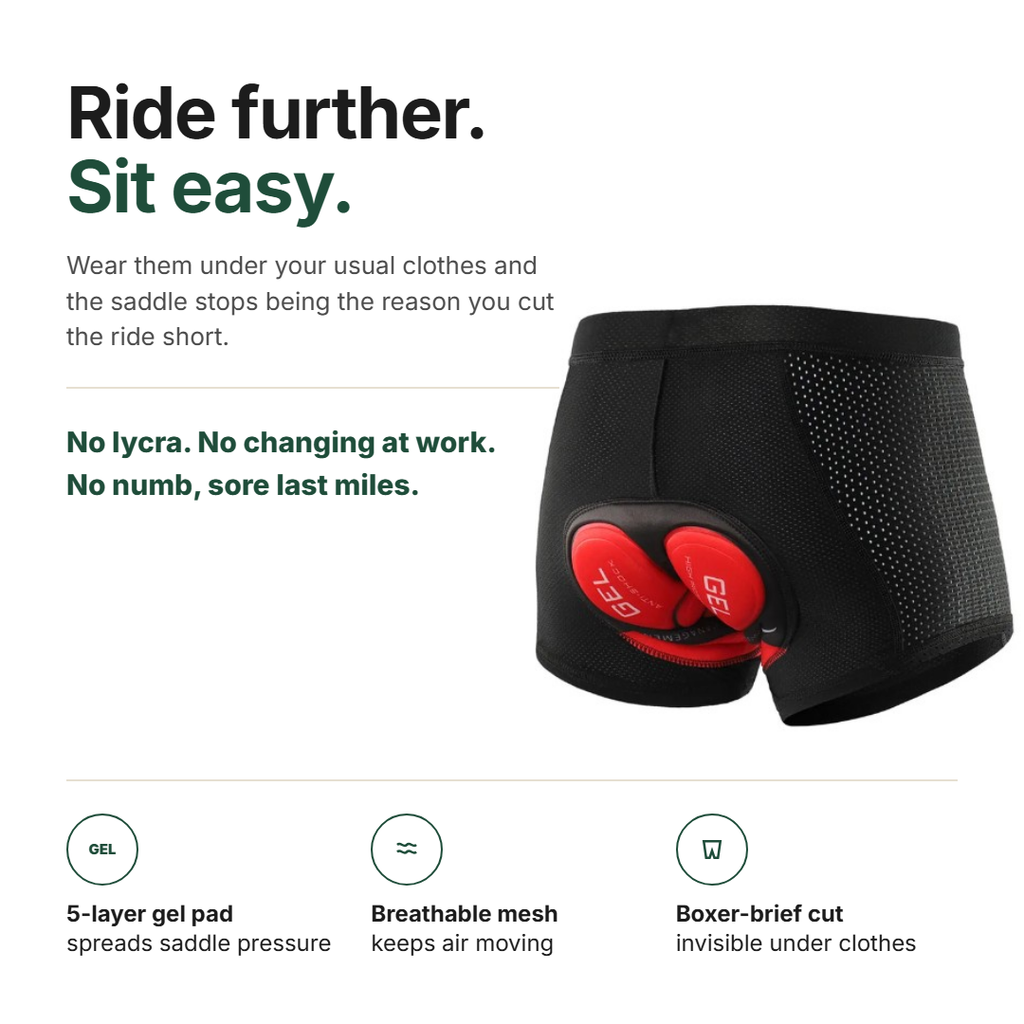Ride further, sit easy: gel pad, breathable mesh, boxer-brief cut