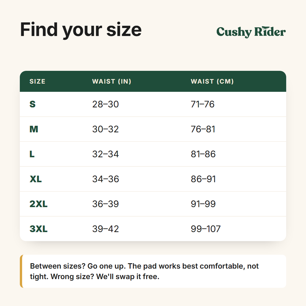 Cushy Rider size guide, waist in inches and centimetres