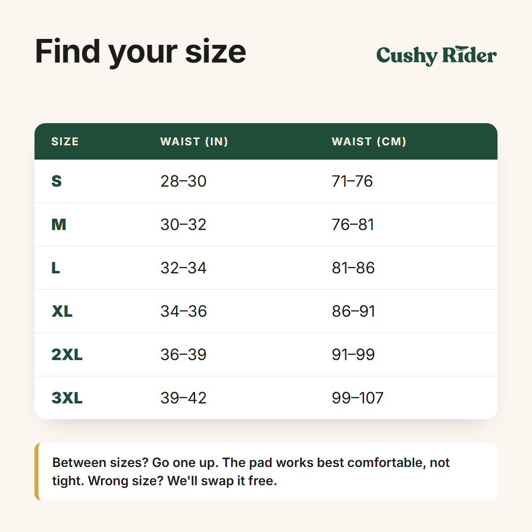 Cushy Rider size guide, waist in inches and centimetres