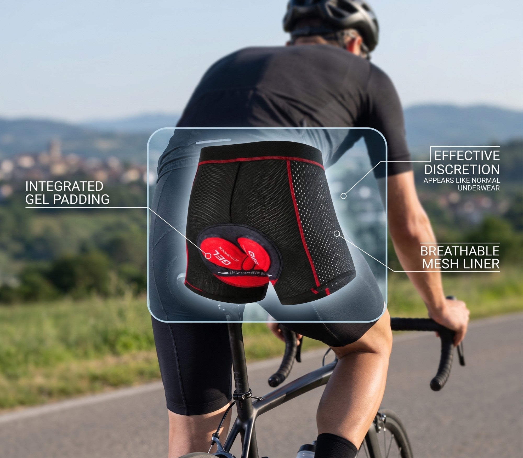 A cyclist riding on a country road. An X-ray panel over his hips shows Cushy Rider padded undershorts with the red gel pad, labelled integrated gel padding, breathable mesh liner and effective discretion.